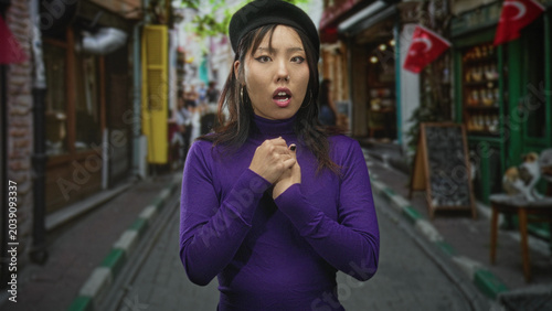 Tableau sur toile Woman with hands clasped at chest covering mouth on a street market alley in front of shops and flags, wearing a purple turtleneck and beret; surprise concern