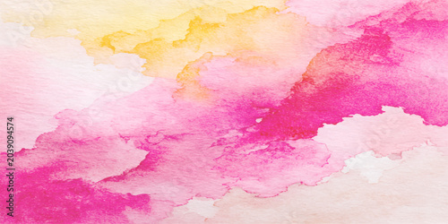 Obraz na plátně Vibrant watercolor splashes in shades of pink, yellow, and white create an abstract, ethereal background evoking a sense of dreaminess and creativity