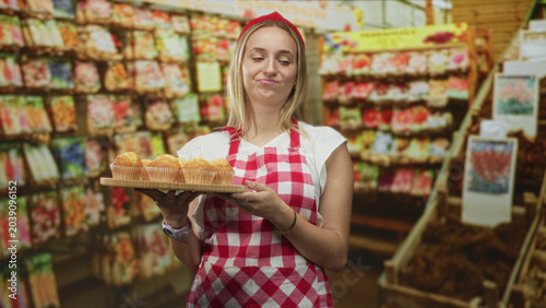 Foto Woman holding a wooden tray of muffins, lips puckered as she smells fresh pastry in a building; satisfaction