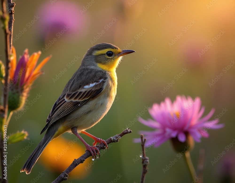 Fototapeta premium Small yellow bird with grey feathers sits on a twig near pink flowers. Sunlight illuminates the scene creating soft warm glow. Peaceful nature background.