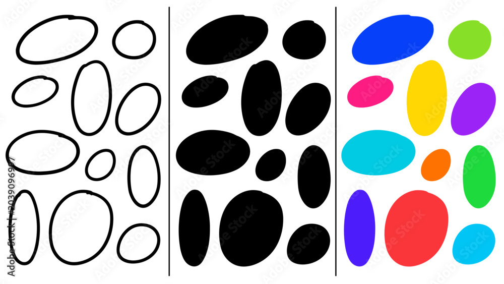 Fototapeta premium Collection of diverse oval shapes in black and white and vibrant colors