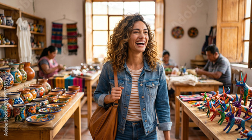 Happy young woman wearing denim jacket walking through a traditional Mexican handicraft workshop, surrounded by colorful pottery and alebrije figurines, authentic culture and travel lifestyle