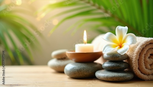 Spa objects burning candle, balanced stones, rolled towel, white flower. Tropical green leaves background, soft light. Zen relaxation, wellness, beauty treatment.