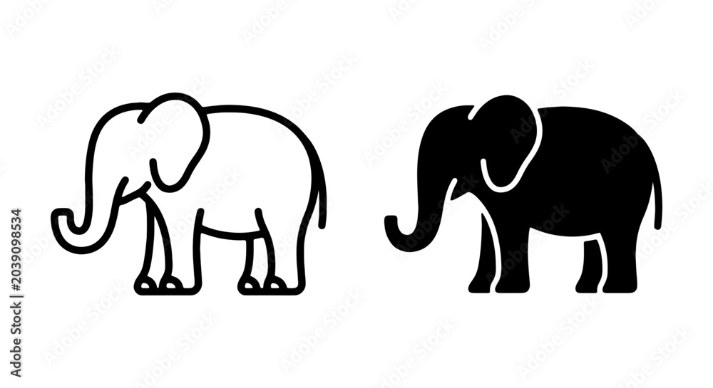 Fototapeta premium Elephant Icons: Simple Outline and Solid Black Vector Graphics for Wildlife Themes