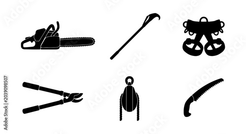 Quadro em tela Set of 6 Black Silhouette Tools: Chainsaw, Loppers, Pry Bar, Harness, Saw, Pulle