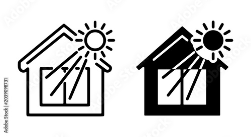 Photos Solar Heat Icons, Sun Rays Through House Window, Energy Efficiency Vector Symbol