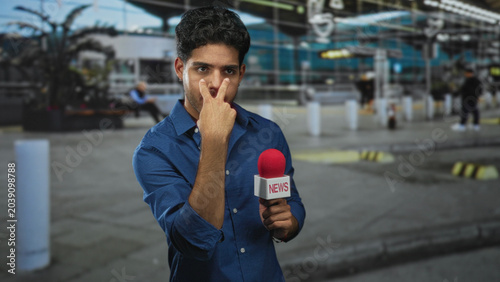 Tableau sur toile Man holding news microphone points finger at camera at airport curbside drop off area; assertive confidence