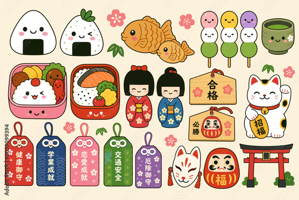 Fototapeta premium Kawaii Japanese cultural icons and food collection with cute characters