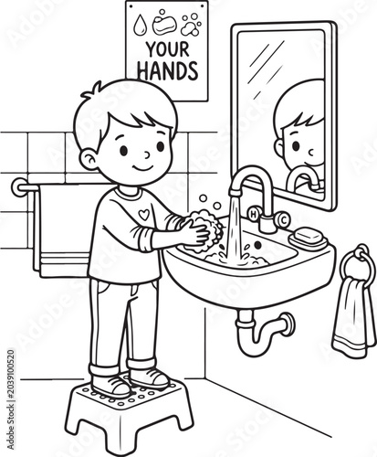 Boy washing hands coloring page, kids hygiene line art illustration, child washing hands at sink vector, preschool educational activity sheet, healthy habits for children drawing, black and white cart