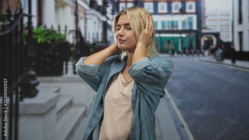 Fototapeta premium Woman covering ears with hands on a city street, denim shirt visible, wincing from headache; anxiety isolation.