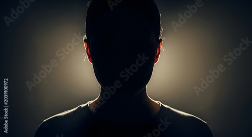 A dark silhouette of a human head features sharp rim lighting and dramatic contrast in this high quality studio portrait.