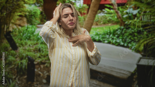 Bild auf Leinwand Young blonde woman with hand to head and hand on chest, wincing in discomfort on a street path; dizziness concern