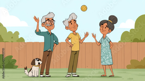 Seniors Playing Catch Backyard Playful Energy Joyful