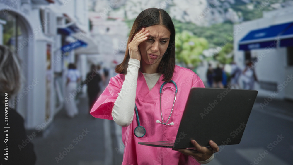 Fototapeta premium Young nurse in pink scrubs holds a laptop, rubs face and places hand on forehead for headache while standing on a busy street; stress duty.