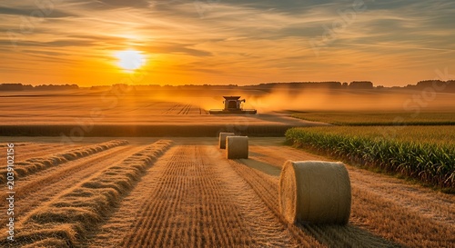 Harvest Season Sunrise Over Hay Bales in Misty Farmland Countryside