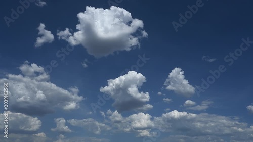 Timelapse of white cumulus clouds growing and moving through a bright blue summer sky. The sky fills the frame
