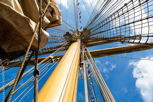 Photos Sailboat Mast and Rigging Against a Blue Sky