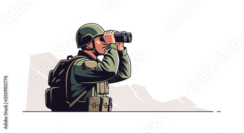 Bild auf Leinwand Soldier looking through binoculars.
