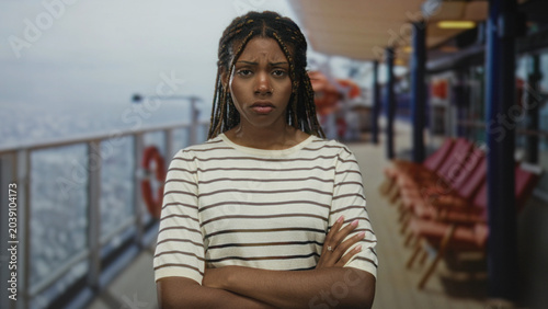 Obraz na płótnie Woman in striped shirt with arms crossed showing forearms and frown on cruise deck overlooking sea; frustration travel fatigue