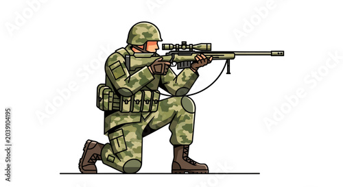 Foto Soldier in combat gear aiming rifle.