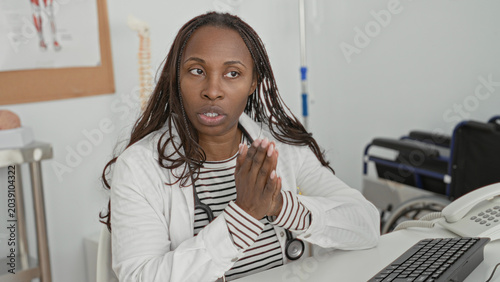 Photos Woman doctor wearing white coat and stethoscope, gesturing with hands then folding arms over keyboard at desk in medical building during explanation and pause; concern