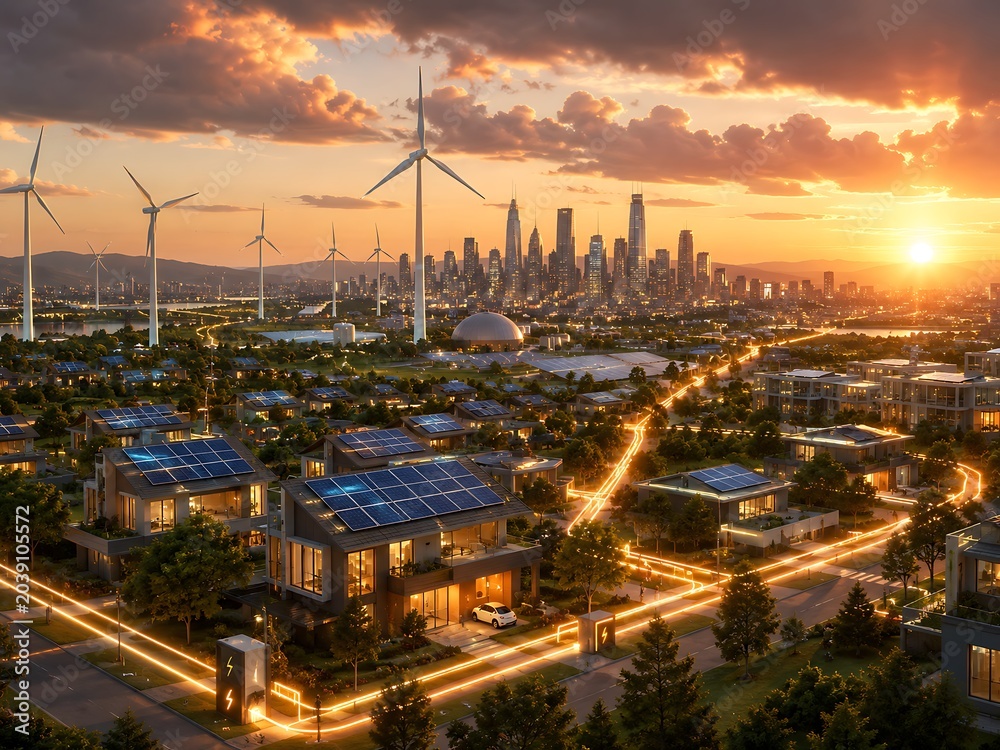 Fototapeta premium Sustainable smart cityscape with solar homes and wind turbines at sunset