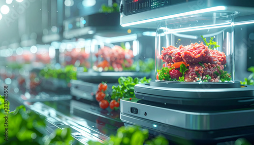 Future Food Production: A clean, futuristic laboratory showcases innovative food cultivation, with fresh produce and processed ingredients displayed in sterile, illuminated containers.