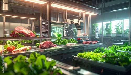 Futuristic Farm Kitchen: A modern, high-tech kitchen with a robotic arm preparing fresh produce and raw meat, blending culinary innovation with vertical farming.