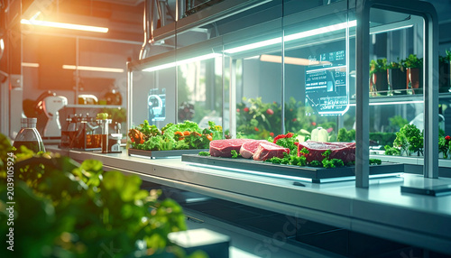 Futuristic Food Production: A clean, modern laboratory-style kitchen showcases a variety of fresh produce and raw steaks under bright LED grow lights.