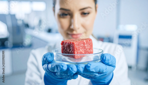 Scientist Holding Lab-Grown Meat: A scientist in a lab coat and blue gloves carefully holds a petri dish containing a raw cube of cultivated meat, showcasing advancements in food technology.
