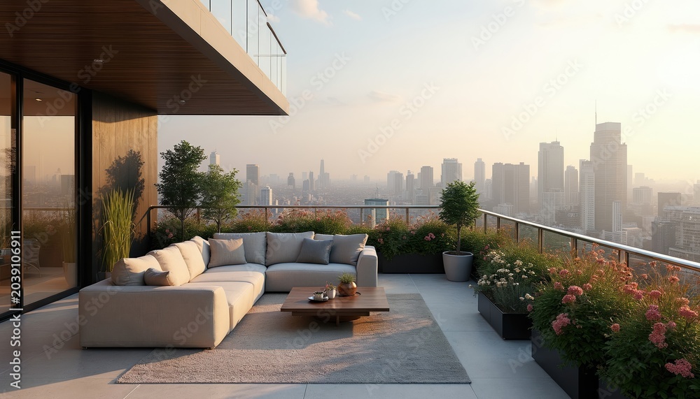 Obraz premium Modern balcony with sofa and coffee table offers city skyline view. Plants and flowers adorn terrace. Peaceful urban retreat provides relaxation.