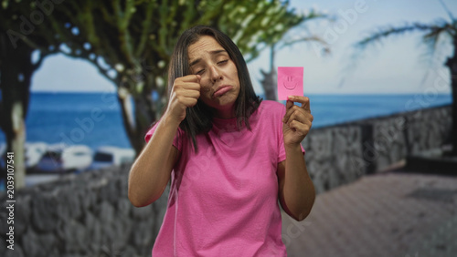 Quadro em tela Woman rubs eye while holding a pink smiley note on a seaside promenade stone wall walkway; bittersweet sadness resilience