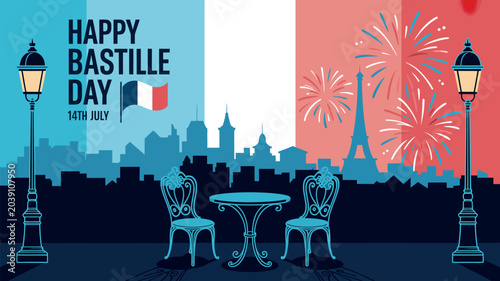 Festive illustration showing the Eiffel tower and city skyline with fireworks against the french flag colors to celebrate the national holiday of bastille day in paris during the summer season.