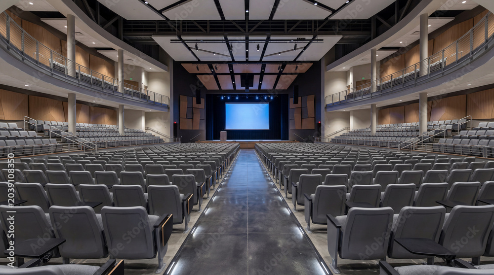 Naklejka premium Symmetry focused perspective shot down center aisle of massive modern university lecture hall auditorium seating