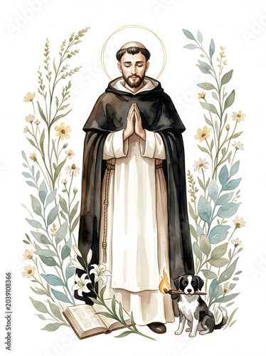 Saint Dominic de Guzman watercolor illustration with botanical frame