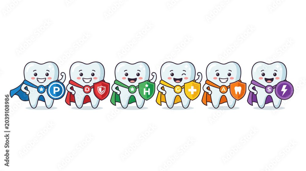 Fototapeta premium Cute Super Tooth Characters with Shields and Capes Representing Dental Health and Protection