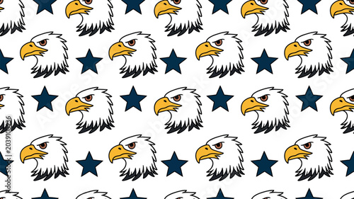This digital illustration showcases a seamless repeating pattern featuring the iconic head of a bald eagle combined with blue stars to create a patriotic design suitable for many creative projects.