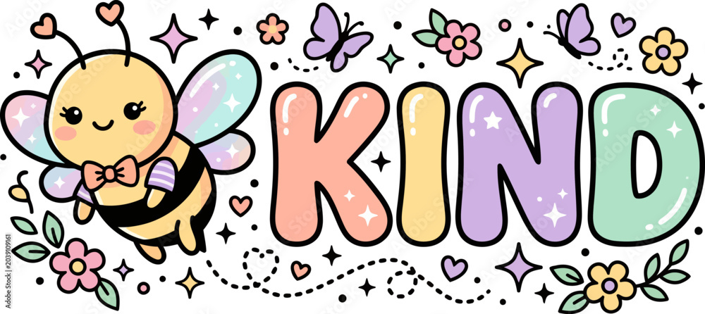 Fototapeta premium Be Kind Cute Kawaii Bee Typography Design for Positive Quote and Inspirational Motivational Artwork