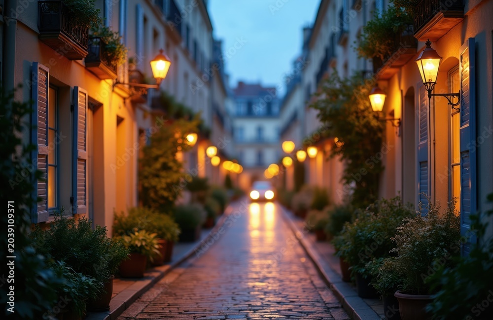 Fototapeta premium Parisian streetscape at dusk with glowing gas lamps lining cobbled lane. Buildings with shutters and potted plants create romantic European ambiance. Car lights gleam on wet pavement. Old town charm.