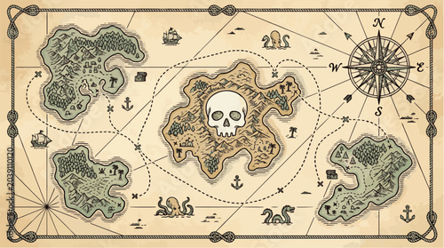 Stylized pirate map engraving style vector game asset