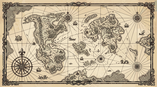 Fantasy navigation map with islands engraving vector