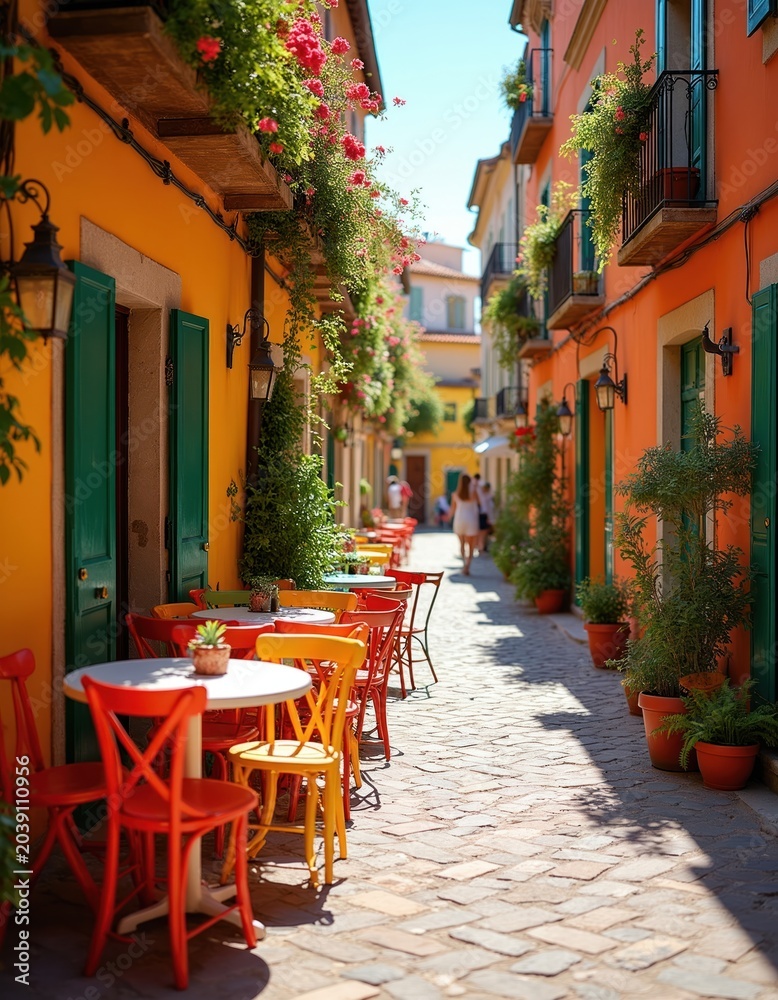 Obraz premium Colorful cafe chairs, tables on European street with blooming flowers. Sunny day illuminates cobblestone alleyway with quaint architecture. Empty outdoor dining setting awaits friends on warm