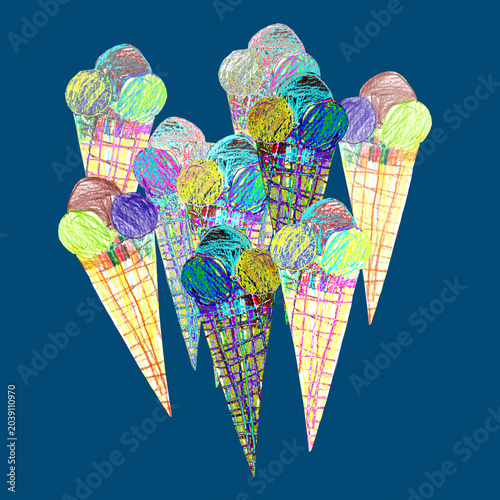 Colored Ice cream cones hand-drawn by pastel pencil in naive childlike drawing style on dark blue background. Perfect for summer menus, dessert designs, post cards, invitation.
