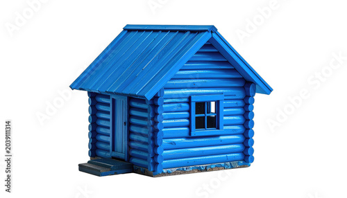 A small, blue log cabin is presented against a stark black background.