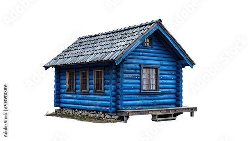 A small, rustic blue log cabin with a slate roof rests on a stone foundation.