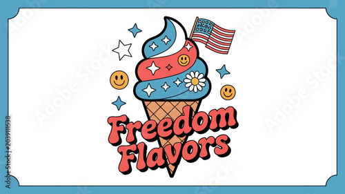 Vibrant patriotic ice cream cone illustration featuring a small American flag red white and blue swirl design with retro smiley faces and flower accents for a fun summer holiday celebration