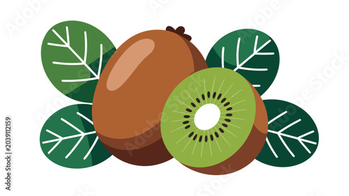 Fresh whole kiwi fruit paired with a juicy sliced half featuring vibrant green pulp and dark seeds arranged neatly with stylized organic leaves in this clean and colorful digital illustration