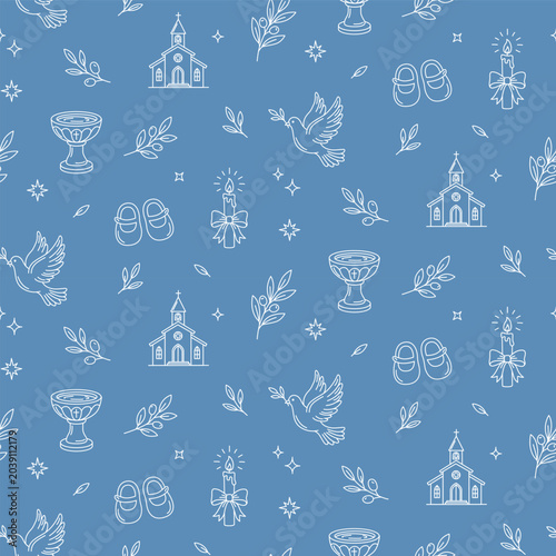 Obraz na płótnie Baptism seamless pattern with church, baptismal font, baby carriage, gifts and dove