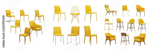 Fotografia Collection of Modern Yellow Chairs Isolated on White Background