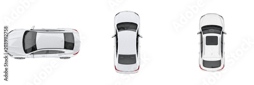 Set of Top-View White Cars Isolated on White Background. Realistic 3D Sedan Mockups for Automotive Branding, Transportation Design, Urban Planning, Map Illustrations, and Digital Advertising Projects.
